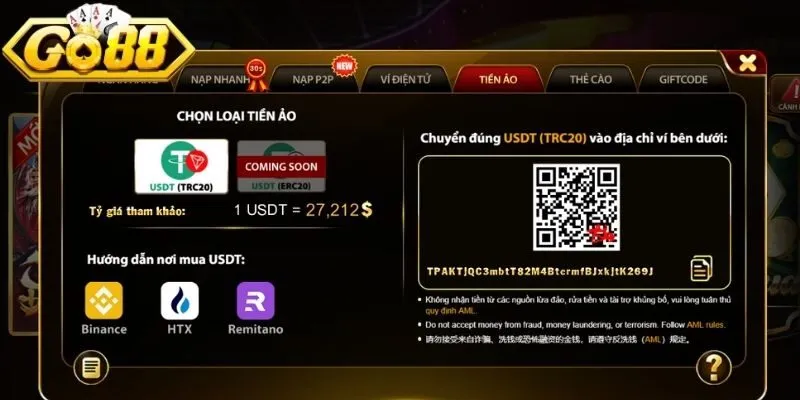 Nạp tiền Go88 ẩn danh từ ví ảo dễ dàng