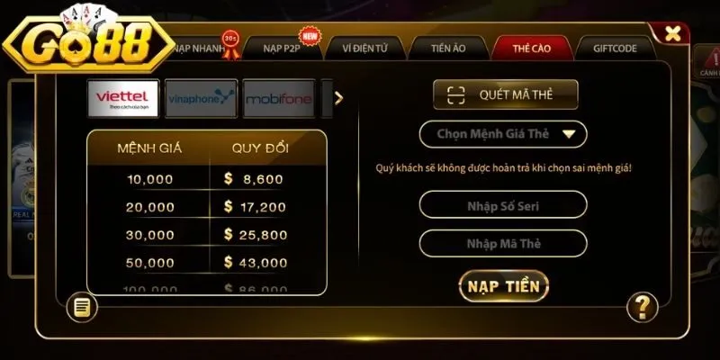 Có thể nạp tiền Go88 nhanh bằng thẻ cào